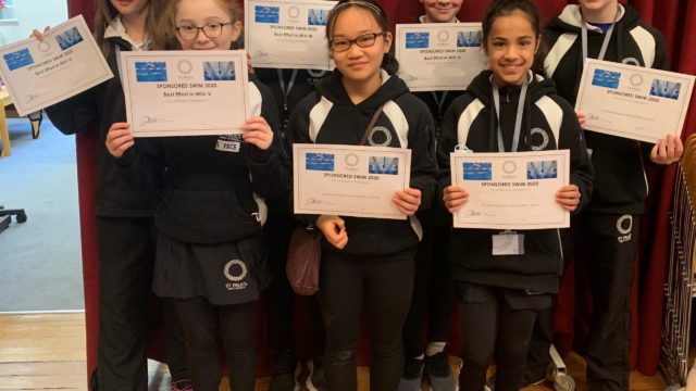 MIV (Year 7) students with certificates after a sponsored swim in 2020.