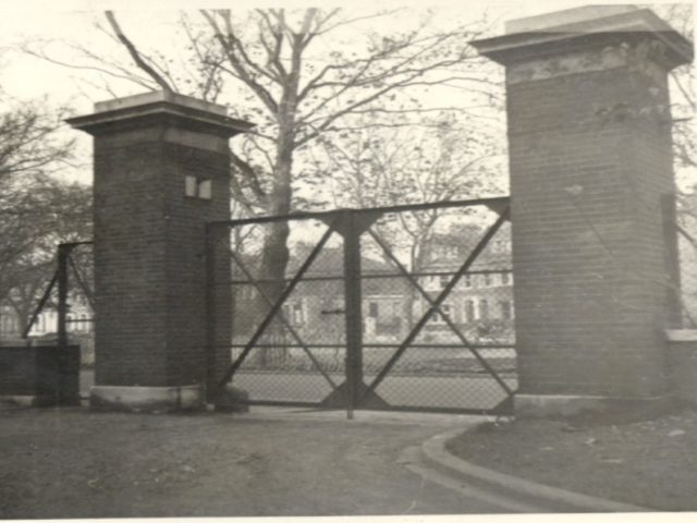 Front gates of St Paul's Girls' School during WWII. These were changed to heavy-duty, solid gates to protect both the school community and the buildings.