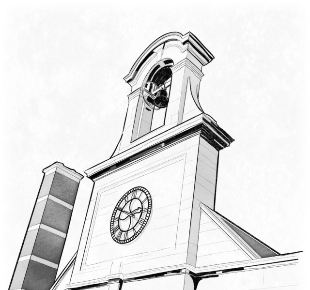 Illustration of the Bell Tower and clock above the Great Hall.