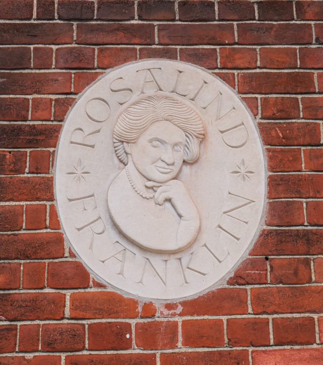 Design feature of Rosalind Franklin bust on exterior of Rosalind Franklin Building.