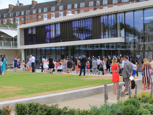Parents, students and teachers gathered outside Garden Building for a drinks reception following Valediction.
