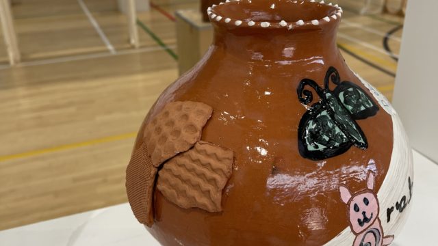 A decorative pot displayed in the Sports Hall for the 20-20-21 art exhibition.